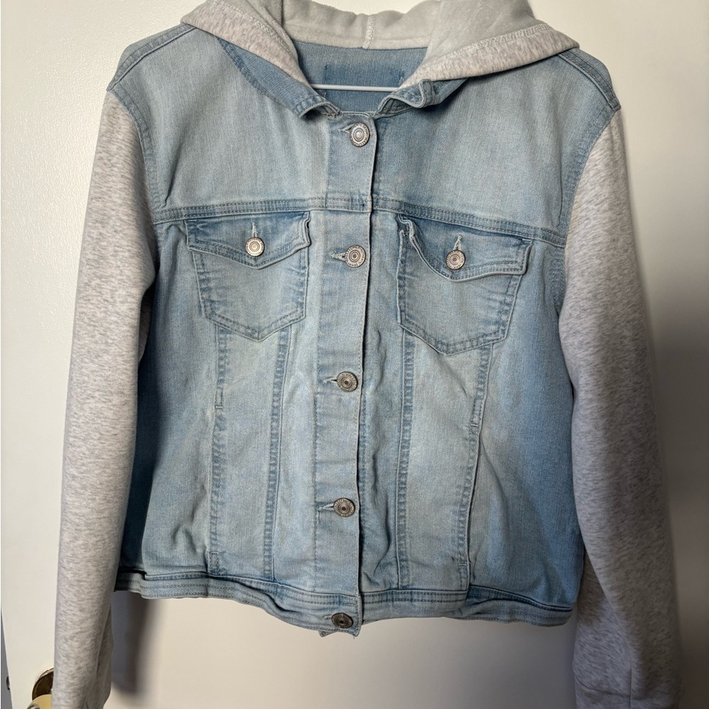 Juniors Light Blue Denim Jacket with Gray Sleeves Girly Feminine Core